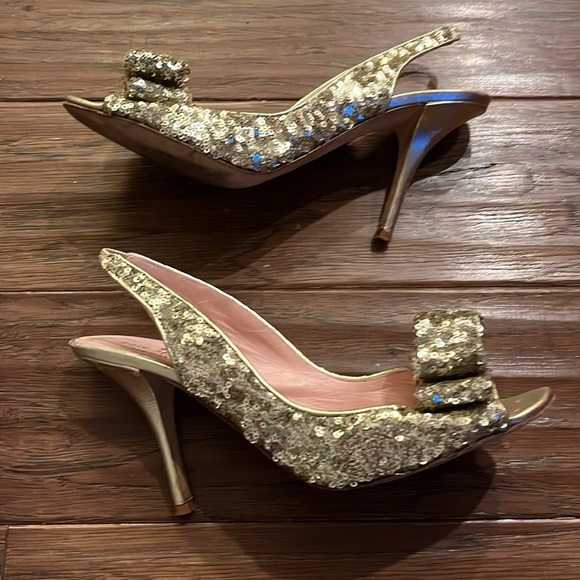 Kate Spade Charm Gold Bow Peep Toe Heels Size 8.5 - Picture 7 of 12